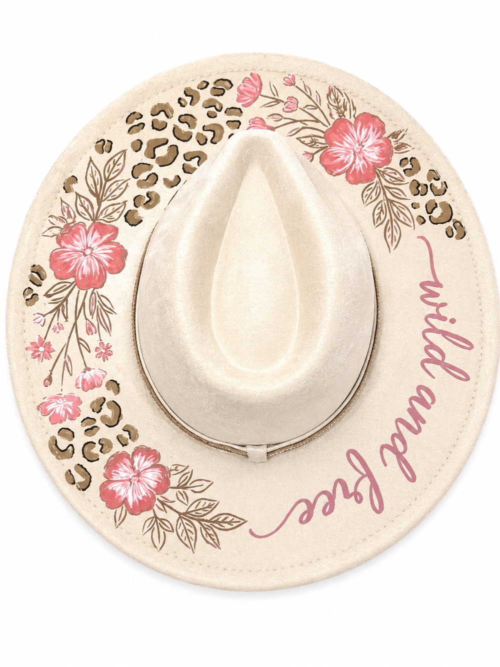 Hand Painted Wide Brim Cowgirl Hat Floral Leopard Western OOAK #04